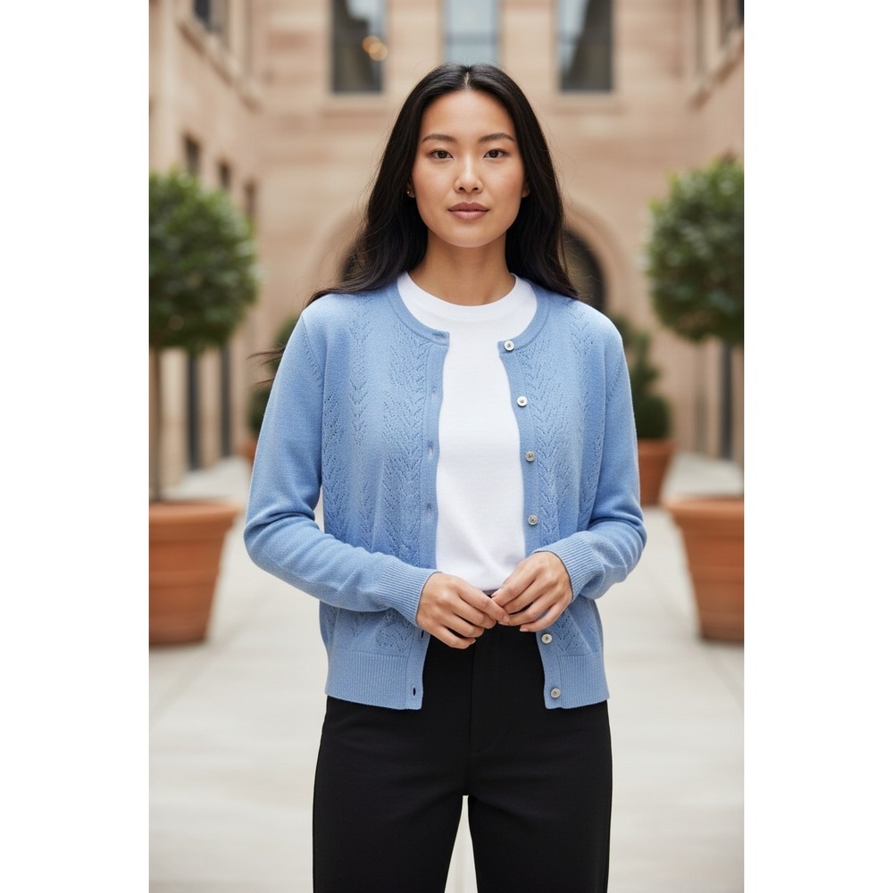 VTG Tally-Ho Cashmora Light Blue Pointelle Chevron Knit Button Cardigan XL
